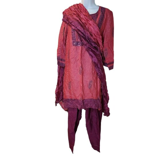 Aikya Premium Punjabi Suit L 3pc Cotton Pink Purple Print Modest Ethnic Casual - Picture 2 of 9